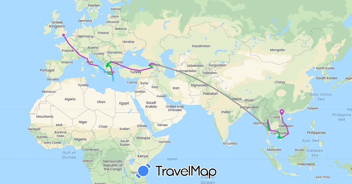 TravelMap itinerary: driving, bus, plane, train, boat in Bulgaria, France, United Kingdom, Georgia, Greece, Italy, Cambodia, Macedonia, Thailand, Turkey, Vietnam (Asia, Europe)